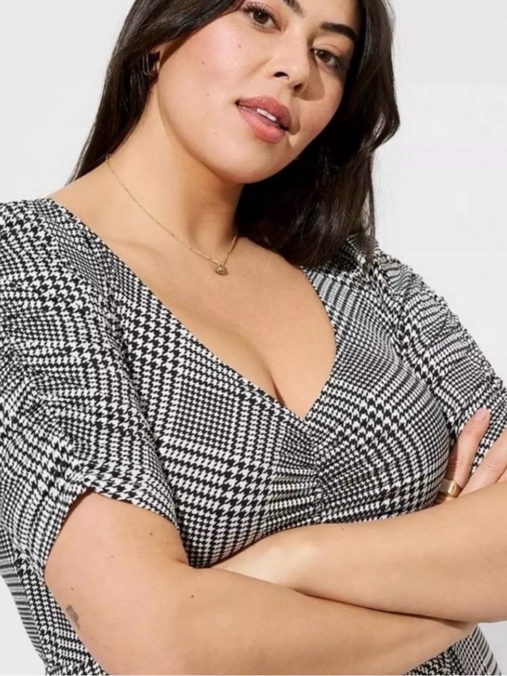 Torrid Mini Studio Knit Cinch Front Skater Dress Size 1X Black White Houndstooth - Picture 2 of 12